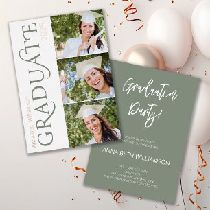 Invitation En Aluminium Typographie latérale 3 Photo Sage Graduation Party