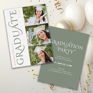 Invitation En Aluminium Typographie moderne 3 Photo Sage Graduation Party