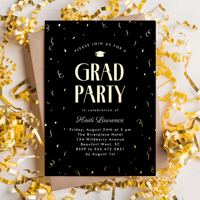 Invitation En Aluminium Typographie moderne Black and Gold Graduation Part (black and gold foil graduation party invitation with confetti)