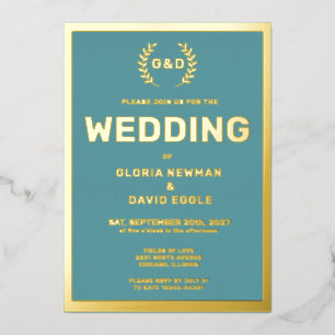 Invitation En Aluminium Typographie sarcelle Mariage Or véritable