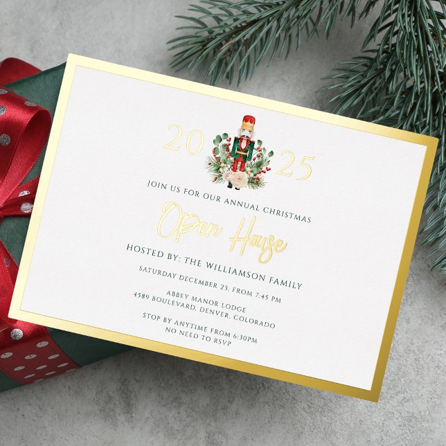 Invitation En Aluminium Vacances de Noël en famille Open House Party Gold (Family Christmas Holidays Open House Party Gold Foil Invitation)