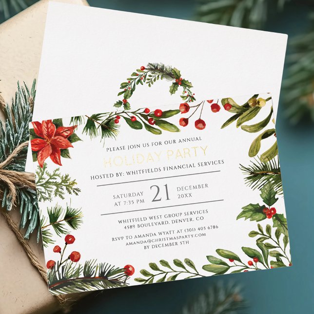 Invitation En Aluminium Vacances de Noël Office Party Gold (Christmas Party Botanical Red Berries Gold Foil Invitation)