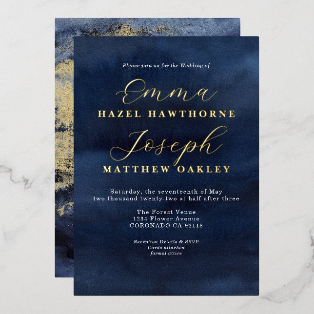 Invitation En Aluminium Vague moderne abstrait or minuit bleu Mariage (Recto/Verso)
