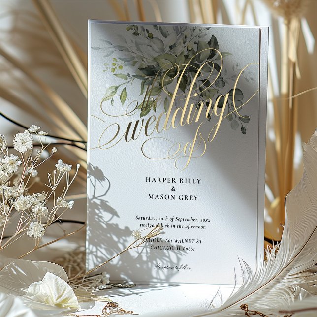 Invitation En Aluminium Verdure Gold Calligraphie Mariage Élégant Script (Créateur téléchargé)