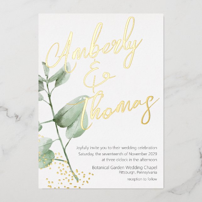 Invitation En Aluminium Verdure Gras Script Mariage botanique (Recto)