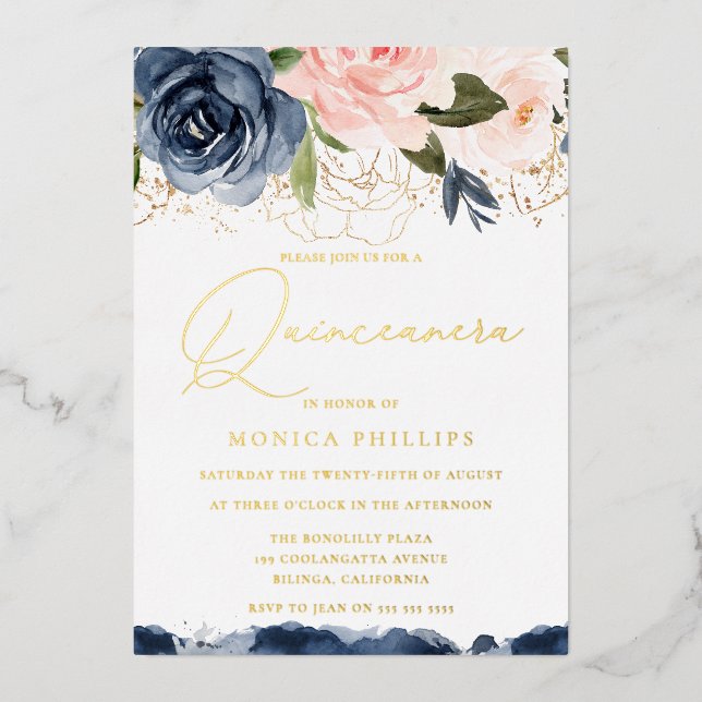 Invitation En Aluminium Véritable Blush Gold Foil & Navy Quinceanera Party (Recto)