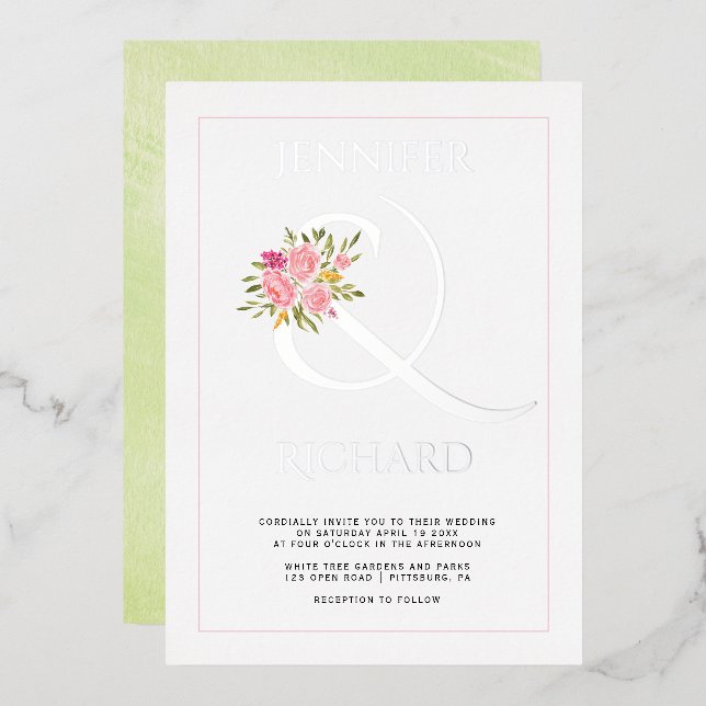 Invitation En Aluminium Véritable esperluette en argent, mariage vert rose (Recto/Verso)
