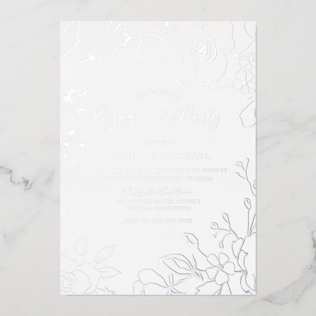 Invitation En Aluminium Véritable Fleur d'Argent Partie d'engagement Éléga (Recto)