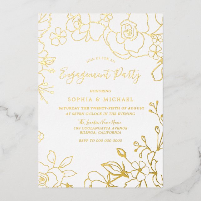 Invitation En Aluminium Véritable Fleur d'or Partie d'engagement Golden (Recto)