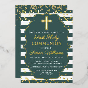 Invitation En Aluminium Véritable Foil Gold Green Stripes Première communi