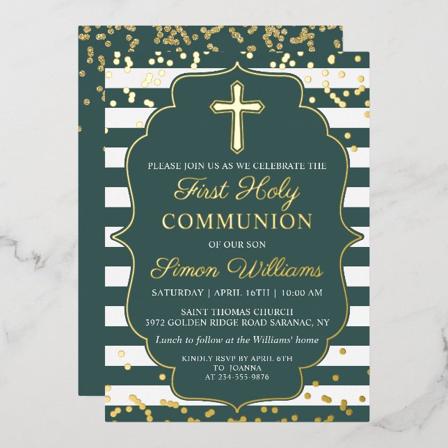 Invitation En Aluminium Véritable Foil Gold Green Stripes Première communi (Recto/Verso)