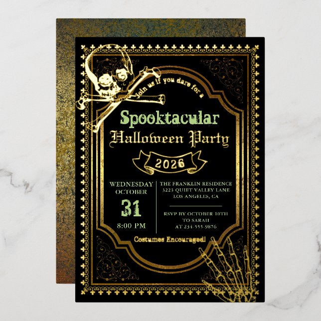 Invitation En Aluminium Véritable Foil Gothique Noir Crâne Halloween Party (Recto/Verso)