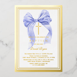 Invitation En Aluminium Véritable Foil Moderne Gold Blue Bow Boy Baptême