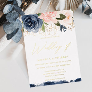Invitation En Aluminium Véritable Gold Foil Blush & Navy All Seasons Maria