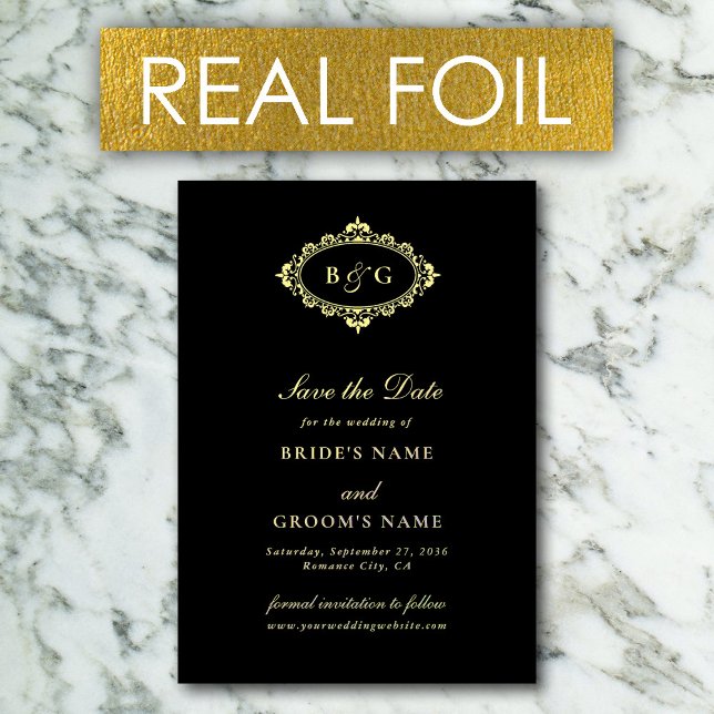 Invitation En Aluminium Véritable Gold Foil Wreath Black Wedding Enregistr (Real Gold Foil Wreath Black Wedding Save the Date Foil Invitation)