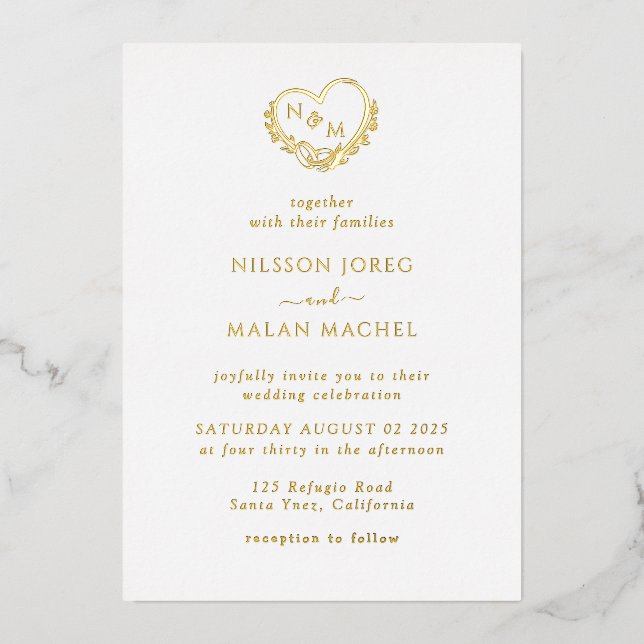 Invitation En Aluminium Véritable Mariage de monogramme de couronne d'or (Recto)