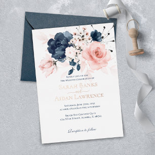 Invitation En Aluminium Véritable mariage floral bleu et rose pâle