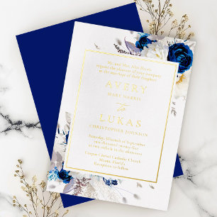 Invitation En Aluminium Véritable or Moderne Bleu Fleurs Mariage Foil