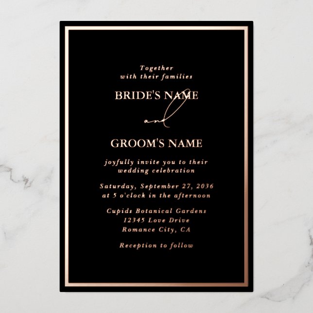 Invitation En Aluminium Véritable Rose Gold Foil Moderne Mariage noir (Recto)