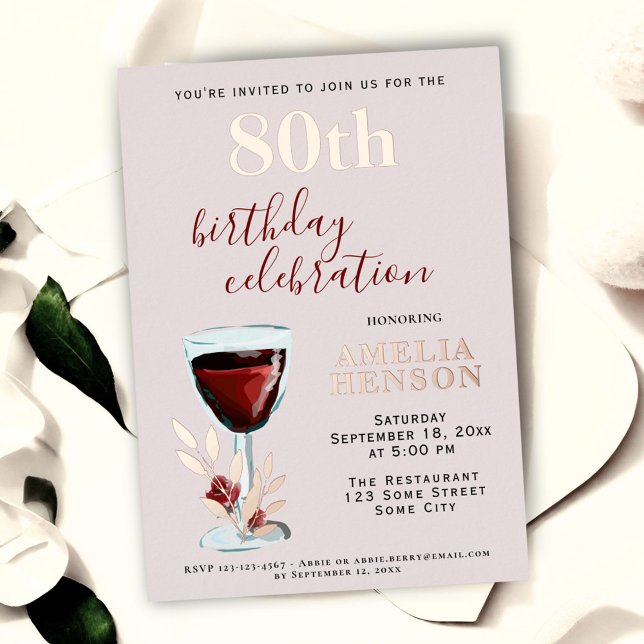 Invitation En Aluminium Verre rouge rustique Rose Botanique 80e anniversai (Créateur téléchargé)