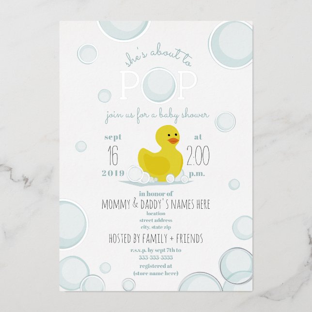 Invitation En Aluminium Vers Pop Rubber Duck Bubbles Baby shower (Recto)
