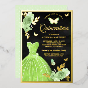 Invitation En Aluminium Vert Citron Floral Papillon Quinceanera Noir Or