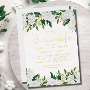 Invitation En Aluminium Vert Émeraude Blanc Paeony Quinceanera Messe Or