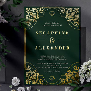Invitation En Aluminium Vert émeraude et or Élégant mariage vintage