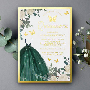 Invitation En Aluminium Vert émeraude floral papillon Quinceanera or