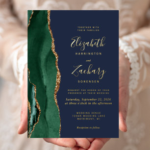 Invitation En Aluminium Vert émeraude Or Agate Bleu marine Mariage