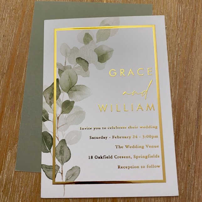 Invitation En Aluminium Vert Feuille Gold Foil Frontière moderne Mariage (Créateur téléchargé)