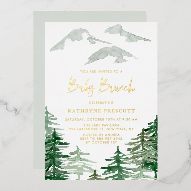 Invitation En Aluminium Vert Forêt Aquarelle Bois Bébé Brunch (Recto/Verso)