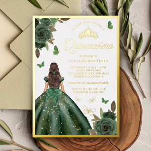 Invitation En Aluminium Vert forêt Floral Papillon Quinceanera Or