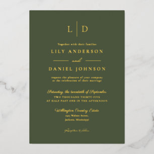Invitation En Aluminium Vert olive Élégant Moderne Monogramme Mariage Or