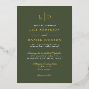 Invitation En Aluminium Vert olive Élégant Monogramme Luxe Mariage Or