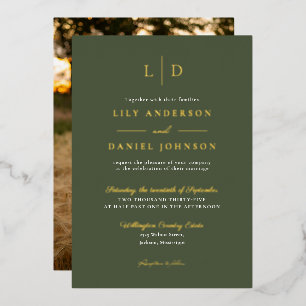 Invitation En Aluminium Vert olive Élégant Monogramme Mariage Photo Or