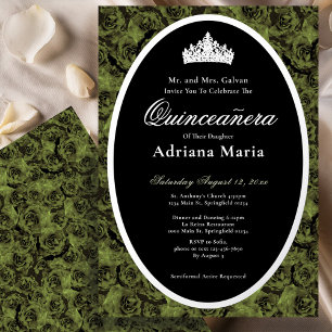 Invitation En Aluminium Vert sauge Élégant Fleurs de Quinceanera en Argent