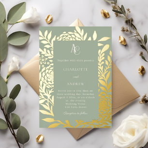 Invitation En Aluminium Vert sauge or botanique monogramme luxe mariage