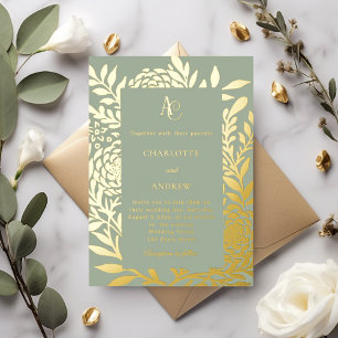 Invitation En Aluminium Vert sauge or botanique monogramme luxe mariage