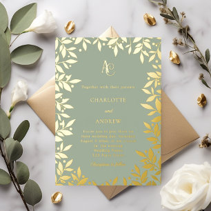 Invitation En Aluminium Vert sauge or botanique monogramme luxe mariage