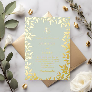 Invitation En Aluminium Vert sauge or botanique monogramme luxe mariage