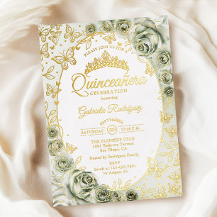 Invitation En Aluminium Vert sauge or floral Quinceanera