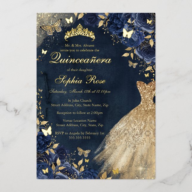 Invitation En Aluminium Vêtements en or de papillon Floral de la Marine Qu (Recto)