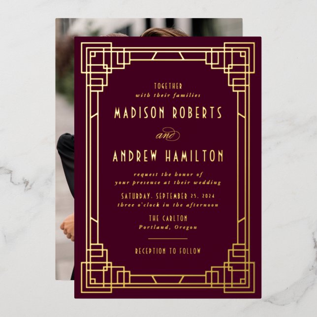 Invitation En Aluminium Vin Mariage Art déco moderne et or (Recto/Verso)