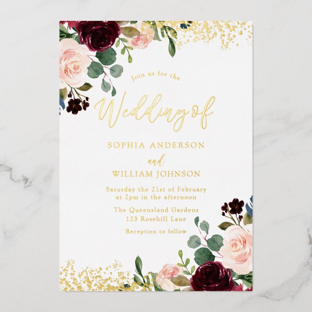Invitation En Aluminium Vin rouge de Bourgogne Mariage Golden Sparkle (Recto)