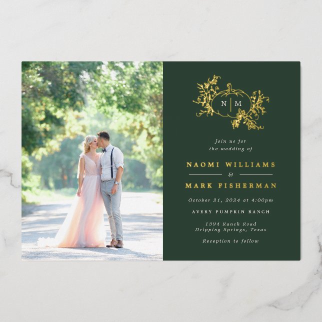 Invitation En Aluminium Vins citrouilles Monogramme Mariage Foil Invitatio (Recto)