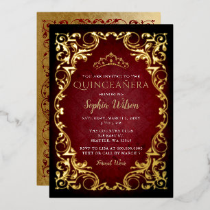 Invitation En Aluminium Vintage Red Gold Princess Tiara Quinceañera
