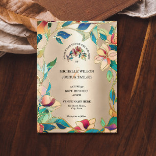 Invitation En Aluminium Vintage rose Turquoise Vitrail Art Nouveau