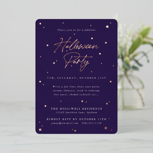 Invitation En Aluminium Violet + Etoiles dorées Fête d'Halloween (Debout devant)
