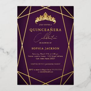 Invitation En Aluminium Violet Géométrique Doré Élégant Quinceanera Vibran